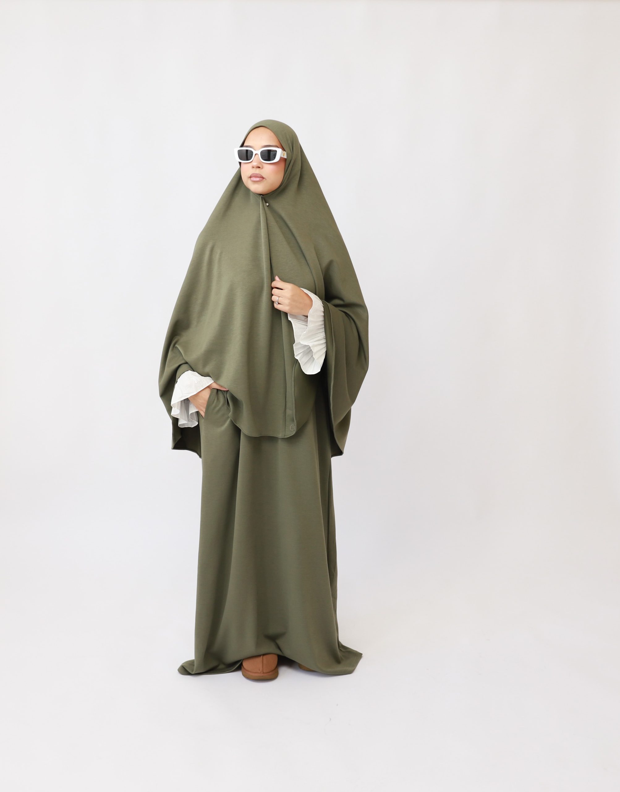 FlOWY SLEEVE ABAYA SET- OLIVE GREEN - Afbeelding 4